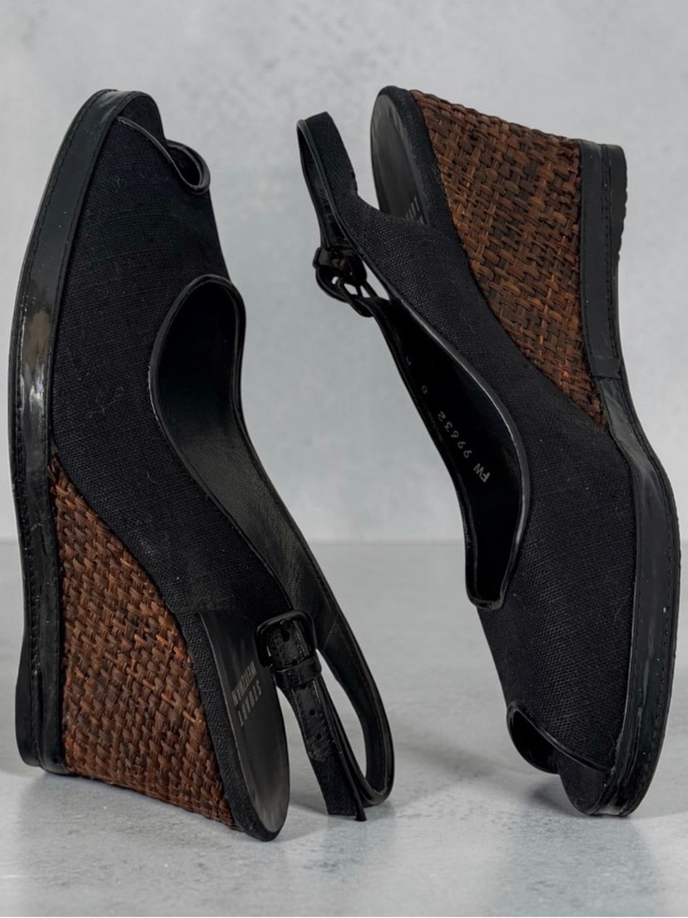 Stuart Weitzman Black linen Peep-Toe Slingback Wedges with Brown Woven Heel